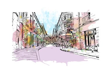 Rennes 'in simgesi olan Print Building View Fransa' nın en büyük şehridir. Vektörde elle çizilmiş resim ile suluboya sıçraması.