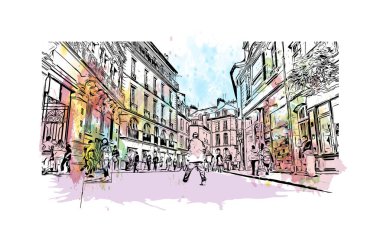 Rennes 'in simgesi olan Print Building View Fransa' nın en büyük şehridir. Vektörde elle çizilmiş resim ile suluboya sıçraması.