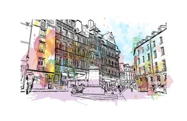 Rennes 'in simgesi olan Print Building View Fransa' nın en büyük şehridir. Vektörde elle çizilmiş resim ile suluboya sıçraması.
