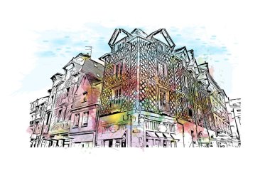 Rennes 'in simgesi olan Print Building View Fransa' nın en büyük şehridir. Vektörde elle çizilmiş resim ile suluboya sıçraması.