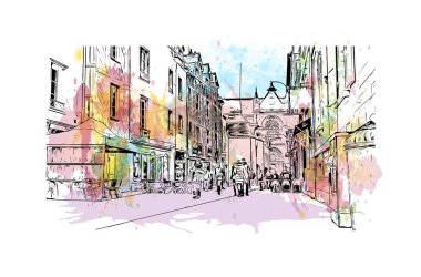 Rennes 'in simgesi olan Print Building View Fransa' nın en büyük şehridir. Vektörde elle çizilmiş resim ile suluboya sıçraması.