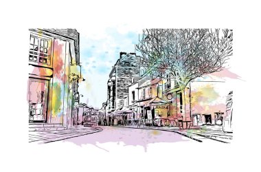 Rennes 'in simgesi olan Print Building View Fransa' nın en büyük şehridir. Vektörde elle çizilmiş resim ile suluboya sıçraması.