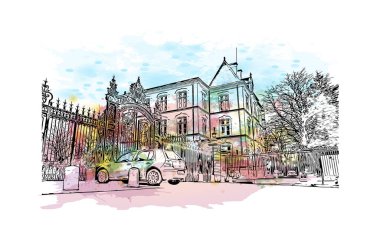 Rennes 'in simgesi olan Print Building View Fransa' nın en büyük şehridir. Vektörde elle çizilmiş resim ile suluboya sıçraması.