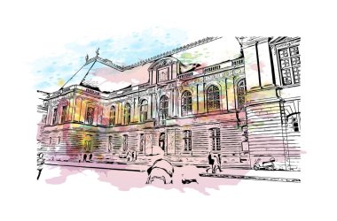 Rennes 'in simgesi olan Print Building View Fransa' nın en büyük şehridir. Vektörde elle çizilmiş resim ile suluboya sıçraması.