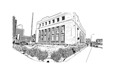Print Building view with landmark of Reno, ABD 'de bir şehirdir. Vektörde elle çizilmiş çizim çizimi.