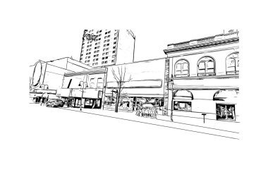 Print Building view with landmark of Reno, ABD 'de bir şehirdir. Vektörde elle çizilmiş çizim çizimi.
