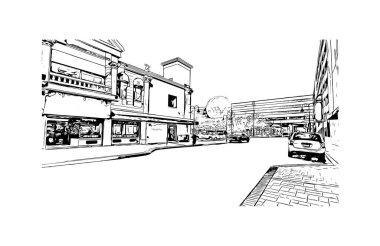 Print Building view with landmark of Reno, ABD 'de bir şehirdir. Vektörde elle çizilmiş çizim çizimi.