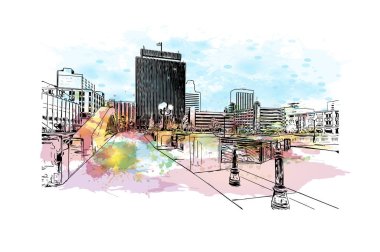 Print Building view with landmark of Reno, ABD 'de bir şehirdir. Vektörde elle çizilmiş resim ile suluboya sıçraması.