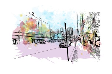 Print Building view with landmark of Reno, ABD 'de bir şehirdir. Vektörde elle çizilmiş resim ile suluboya sıçraması.