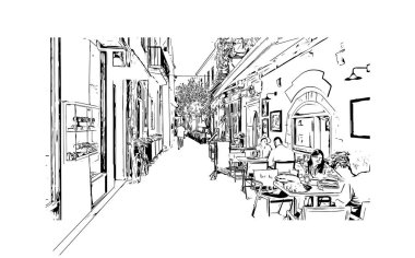 Print Building view with landmark of Rethymno is a city in Greece. Hand drawn sketch illustration in vector. clipart