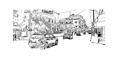 Print Building view with landmark of Rethymno is a city of Greece. Vektörde elle çizilmiş çizim çizimi.