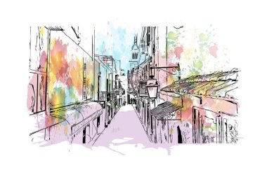 Print Building view with landmark of Rethymno is a city of Greece. Vektörde elle çizilmiş resim ile suluboya sıçraması.