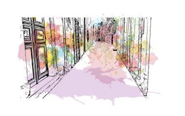 Print Building view with landmark of Rethymno is a city of Greece. Vektörde elle çizilmiş resim ile suluboya sıçraması.