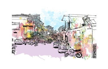 Print Building view with landmark of Rethymno is a city of Greece. Vektörde elle çizilmiş resim ile suluboya sıçraması.