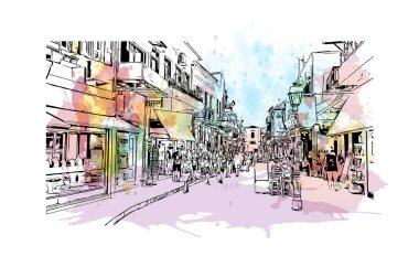 Print Building view with landmark of Rethymno is a city of Greece. Vektörde elle çizilmiş resim ile suluboya sıçraması.