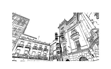 Print Building view with landmark of Reus is the city in Spain. Vektörde elle çizilmiş çizim çizimi.