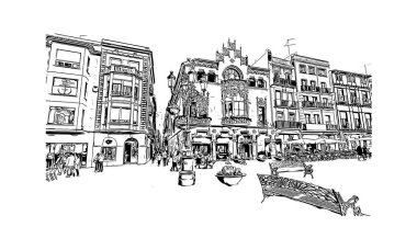 Print Building view with landmark of Reus is the city in Spain. Vektörde elle çizilmiş çizim çizimi.