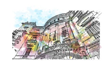 Print Building view with landmark of Reus is the city in Spain. Vektörde elle çizilmiş resim ile suluboya sıçraması.