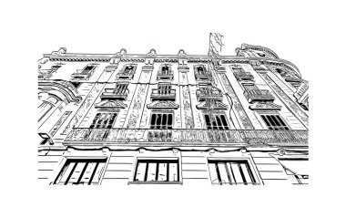 Print Building view with landmark of Reus is the city in Spain. Vektörde elle çizilmiş çizim çizimi.