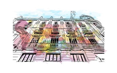 Print Building view with landmark of Reus is the city in Spain. Vektörde elle çizilmiş resim ile suluboya sıçraması.