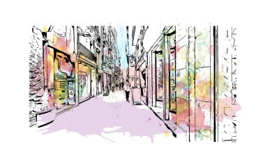 Print Building view with landmark of Reus is the city in Spain. Vektörde elle çizilmiş resim ile suluboya sıçraması.