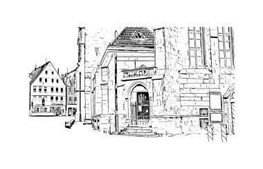 Print Building view with landmark of Reutlingen is a city of Germany. Vektörde elle çizilmiş çizim çizimi.