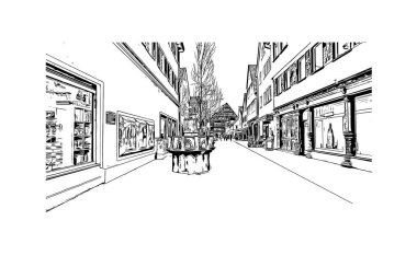 Print Building view with landmark of Reutlingen is a city of Germany. Vektörde elle çizilmiş çizim çizimi.