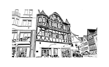 Print Building view with landmark of Reutlingen is a city of Germany. Vektörde elle çizilmiş çizim çizimi.