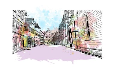 Print Building view with landmark of Reutlingen is a city of Germany. Vektörde elle çizilmiş resim ile suluboya sıçraması.