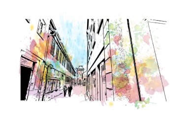 Print Building view with landmark of Reutlingen is a city of Germany. Vektörde elle çizilmiş resim ile suluboya sıçraması.