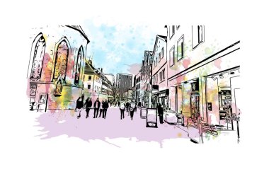 Print Building view with landmark of Reutlingen is a city of Germany. Vektörde elle çizilmiş resim ile suluboya sıçraması.