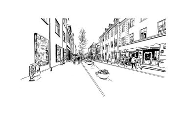 İzlanda 'nın başkenti Reykjavk' ın simgesi olan Print Building View 'dir. Vektörde elle çizilmiş çizim çizimi.