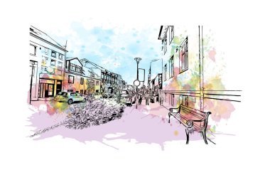 İzlanda 'nın başkenti Reykjavk' ın simgesi olan Print Building View 'dir. Vektörde elle çizilmiş resim ile suluboya sıçraması.