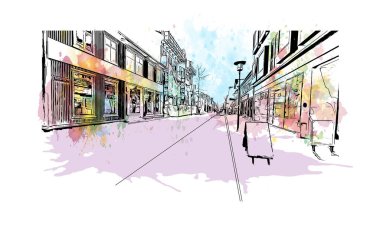 İzlanda 'nın başkenti Reykjavk' ın simgesi olan Print Building View 'dir. Vektörde elle çizilmiş resim ile suluboya sıçraması.