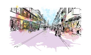 İzlanda 'nın başkenti Reykjavk' ın simgesi olan Print Building View 'dir. Vektörde elle çizilmiş resim ile suluboya sıçraması.