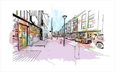 İzlanda 'nın başkenti Reykjavk' ın simgesi olan Print Building View 'dir. Vektörde elle çizilmiş resim ile suluboya sıçraması.