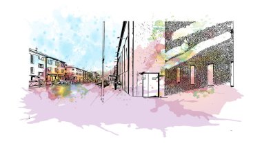 İzlanda 'nın başkenti Reykjavk' ın simgesi olan Print Building View 'dir. Vektörde elle çizilmiş resim ile suluboya sıçraması.