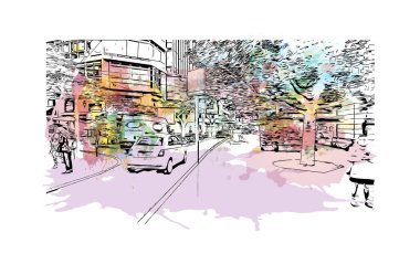 Santa Cruz de Tenerife, Kanarya Adaları 'nda yer alan bir şehirdir. Vektörde elle çizilmiş resim ile suluboya sıçraması.