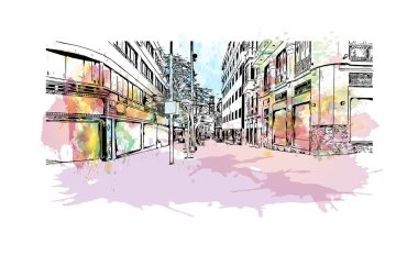 Santa Cruz de Tenerife, Kanarya Adaları 'nda yer alan bir şehirdir. Vektörde elle çizilmiş resim ile suluboya sıçraması.