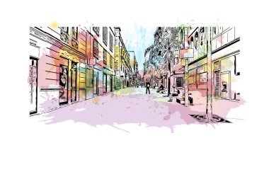 Santa Cruz de Tenerife, Kanarya Adaları 'nda yer alan bir şehirdir. Vektörde elle çizilmiş resim ile suluboya sıçraması.