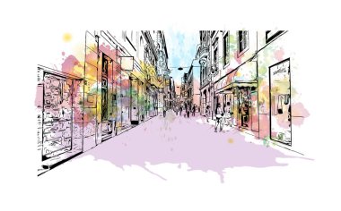 Santa Cruz de Tenerife, Kanarya Adaları 'nda yer alan bir şehirdir. Vektörde elle çizilmiş resim ile suluboya sıçraması.