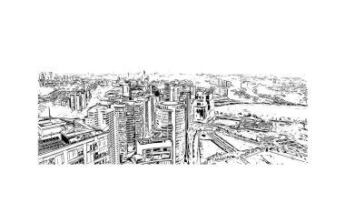 Santa Fe manzaralı Print Building New Mexico 'nun başkentidir. Vektörde elle çizilmiş çizim çizimi.