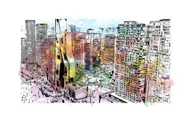 Santa Fe manzaralı Print Building New Mexico 'nun başkentidir. Vektörde elle çizilmiş resim ile suluboya sıçraması.