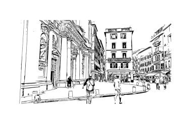Print Building view with landmark of Ligria is a region of Italy. Vektörde elle çizilmiş çizim çizimi.