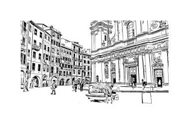 Print Building view with landmark of Ligria is a region of Italy. Vektörde elle çizilmiş çizim çizimi.