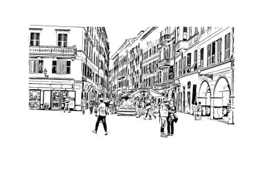 Print Building view with landmark of Ligria is a region of Italy. Vektörde elle çizilmiş çizim çizimi.