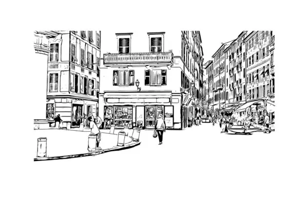 Print Building view with landmark of Ligria is a region of Italy. Vektörde elle çizilmiş çizim çizimi.