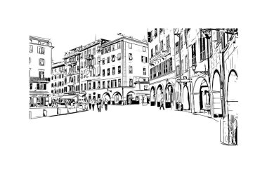 Print Building view with landmark of Ligria is a region of Italy. Vektörde elle çizilmiş çizim çizimi.