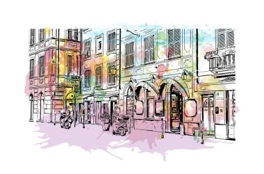 Print Building view with landmark of Ligria is a region of Italy. Vektörde elle çizilmiş resim ile suluboya sıçraması.