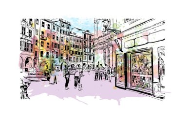 Print Building view with landmark of Ligria is a region of Italy. Vektörde elle çizilmiş resim ile suluboya sıçraması.